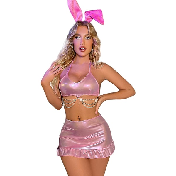 Naisten Holografinen Kiiltävä Rave-asu Metallinhohtoinen Wetlook Pvc-nahka Ketju Rintaliivit Toppi Levenevä Minihame Pääpanta Pupuasu Festivaali Clubwear Lotus Pink Lotus Pink S