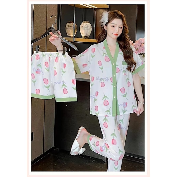 Naisten 3 osainen pyjamasetti - Kotiasu Naiset Rentoutunut Mekko Lyhyet Shortsit Pitkät Housut Pyjama Löysä Tytöt Homewe Pyjama Vihreä XXL (70-75kg)
