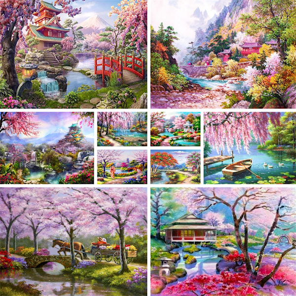 Landskab Kirsebærblomstringstræ Trykt stof Korssting Sæt Broderi Håndarbejde Håndværk Hobbysømning Mulina Engros Stemplet HMA70935 40x50cm