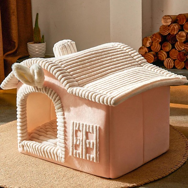 Åndbar varm plysj kæledyrsseng Hus aftagelig vaskbar blød kattepude Kennel til små hunde Katte kæledyr tilbehør Pink M(44x36x39cm)