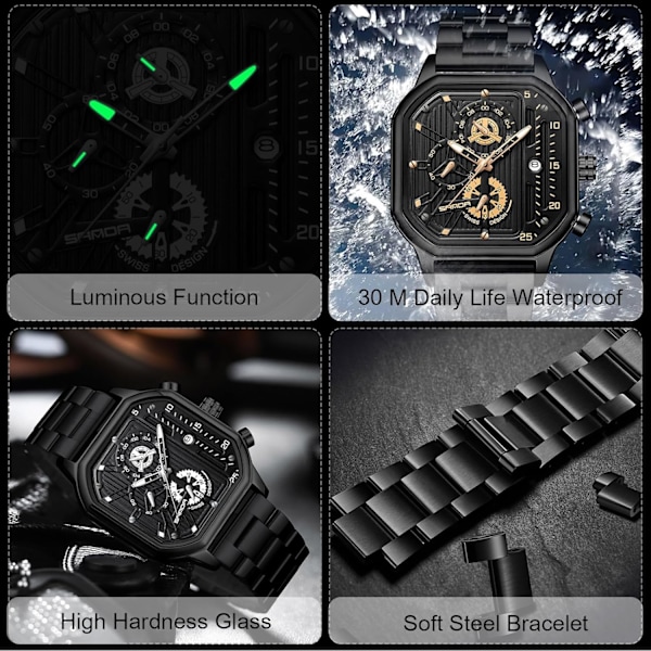 Herrar Kvartsur Klocka Mode Fyrkantig Armbandsur Luminous Analog Klocka Multifunktionell Kronograf Klocka Fritid Rostfritt Stål Herrklocka Svart Guld C Black gold C
