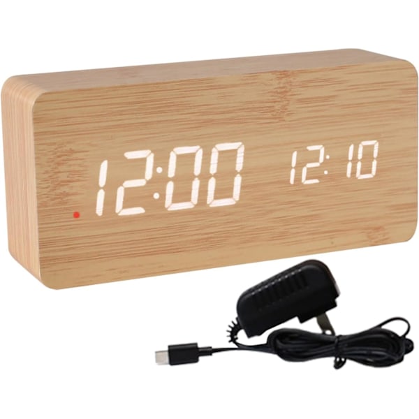Snygg Träväggklocka med Smart Alarm, LED-Display, Justerbar Ljusstyrka för Sovrum bamboo color