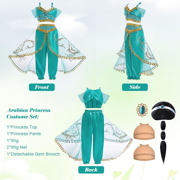 Jasmine Prinsesse Kostyme, Fint Antrekk med Parykk for Jenter Cosplay & Bursdagsfester 100CM