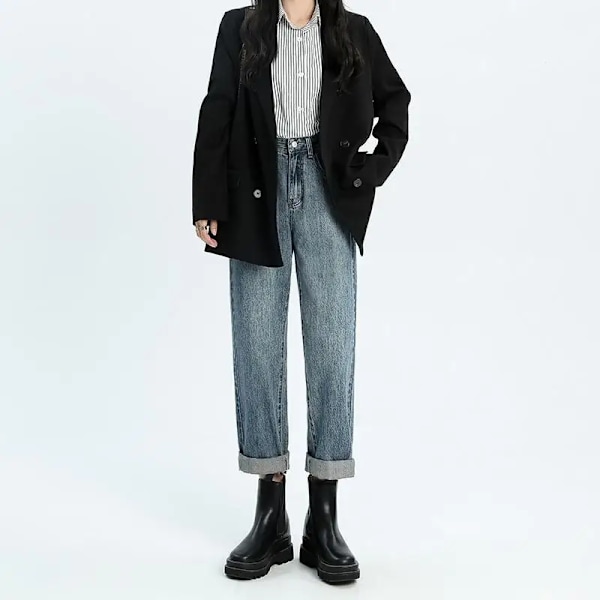FINORD Hög midja Casual Beige Baggy Jeans Dam Koreanska höstjeans Streetwear Harajuku Vintage Vinter Raka jeansbyxor SkyBlue L SkyBlue L