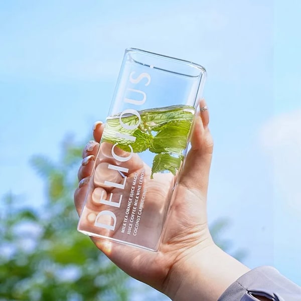 Textmønster Varmebestandig Tumbler Transparent Kaffe Kops Glas Mælkekop Husholdningsfirkant Drik Juicekop Køkken Tilbehør Mike Te 400ML 250-400ml