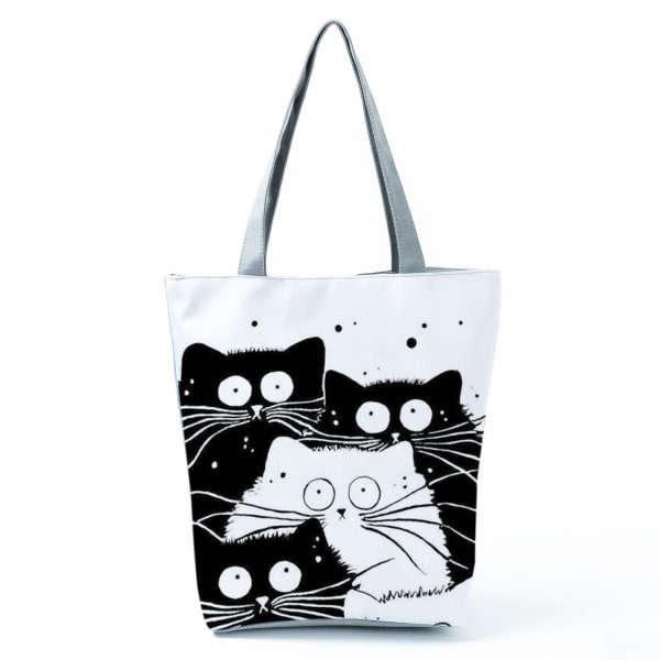 Nya dam tygväskor Svart söt katt printed tyg Eco-handväska Hög kapacitet Shoppingkontor Återanvändbar Casual axelväska