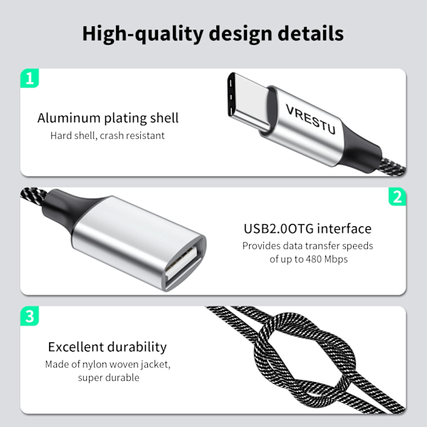 USB 2.0 typ C-adapter för turister, 6 000 HUB flätad datakabel, för Samsung Galaxy S22 MacPlePro Air iPad C till 3 USB