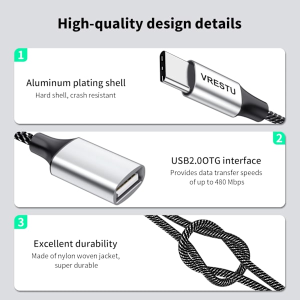 USB 2.0 Type-C-adapter til rejsende, 6000 flettet dataopladningshub, til Samsung Galaxy S22 MacPlePro Air iPad C til 2 USB