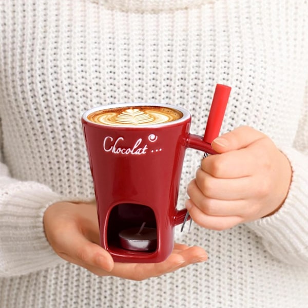 Choklad Fondue Set, Keramisk Smältkruka med TeLjus, Multifunktionell 11x8,8x12cm Red