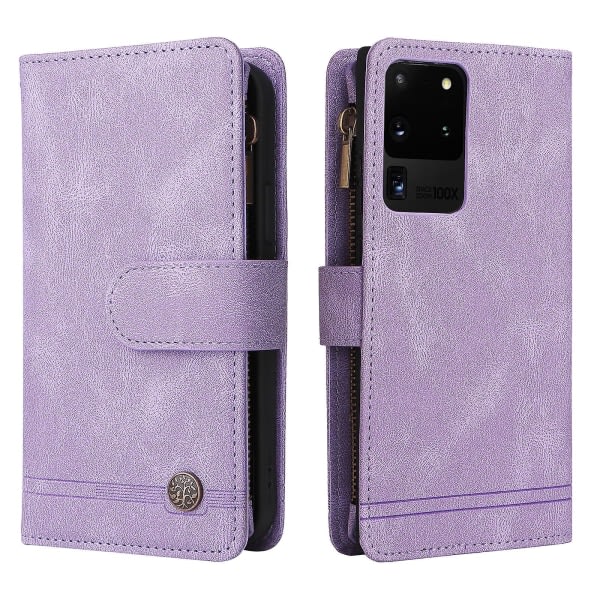 SQBB Case för Samsung Galaxy S20 Ultra 5g Läder Flip Case med kreditkortshållare Pengarficka Magnetiska knappar Case Kickstand Sho Purple A