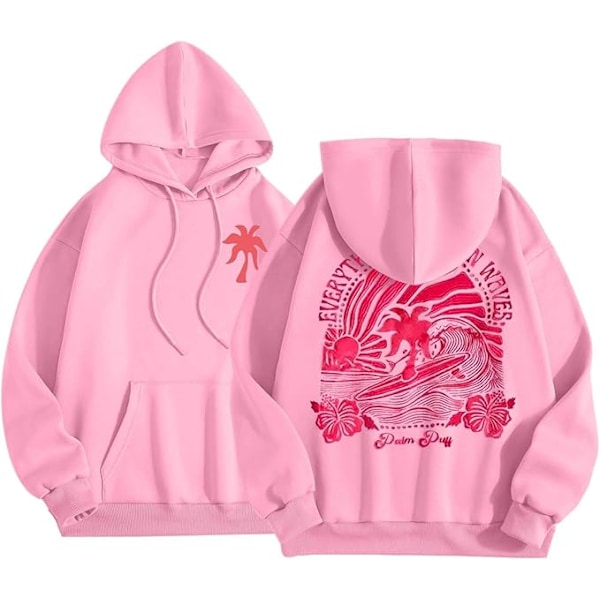 Palm Puff Hettegenser for Kvinner 2025 Rosa Grafisk Hettegenser Pink