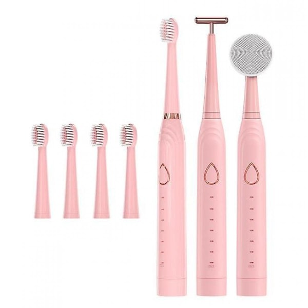 Uppladdningsbar elektrisk tandborste, 3 i 1 elektrisk tandborste för att borsta tänder, tvätta ansiktet och massera ansiktet (rosa)