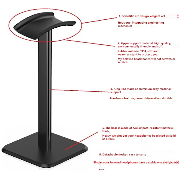 Universal Hodetelefonstativ i aluminiumlegering - Headset-holder for spillhodesett - Skrivebordsholder for hodetelefoner - Svart