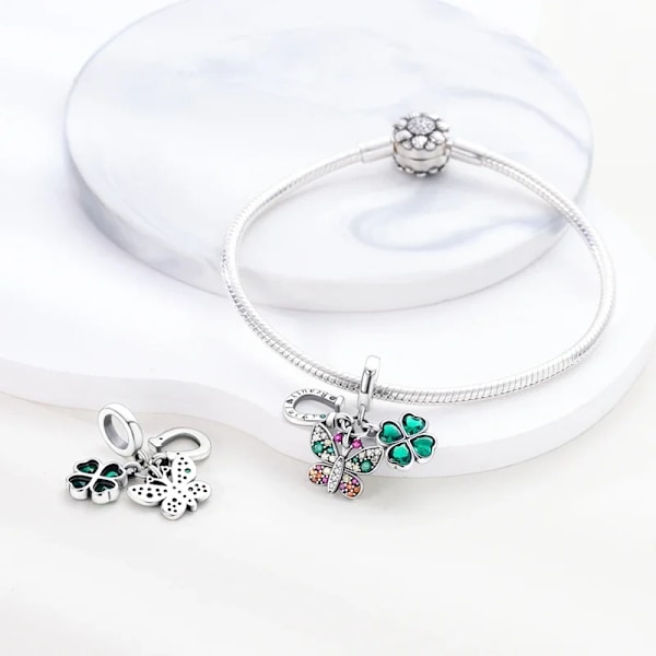 925 Sølv Grøn Firkløver Rosa Stjerne Fit Pandora Original Armbånd Charm Perler Halskæde Diy Kvinde Smykker SMC3678