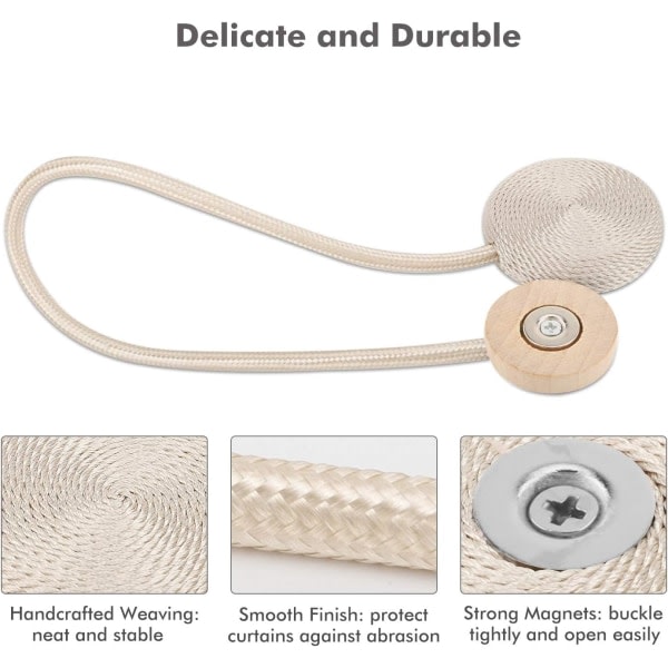 CQBB 4 delar Macaronformade gardinbindningar, magnetiskt magnetiskt gardinspänne, dekorativ handvävning med stark hållbar magnetism, beige