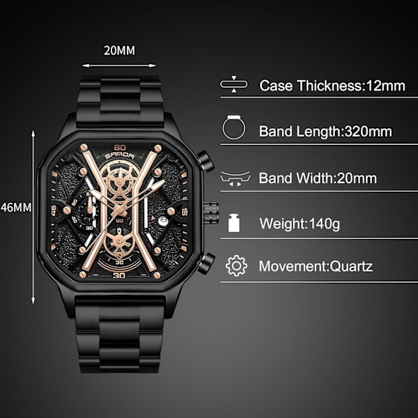 Quartz armbåndsur til mænd business rustfrit stål ur lysende analog armbåndsur multifunktionel chronograph ur mode firkantet ur Guld C Gold C