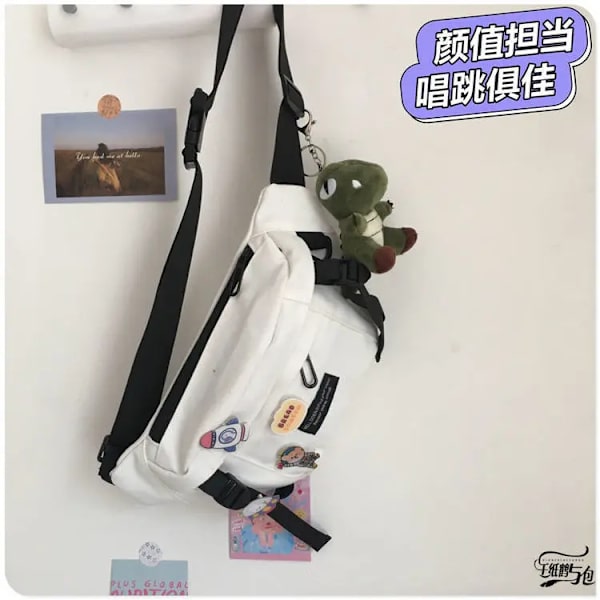 Damväska Japansk Serie Harajuku Ins Mörk Vind Budbärarkista Kvinnlig Koreansk Student Mångsidig Ridduk Midjeväska Hane Vit Badge Dinosaur