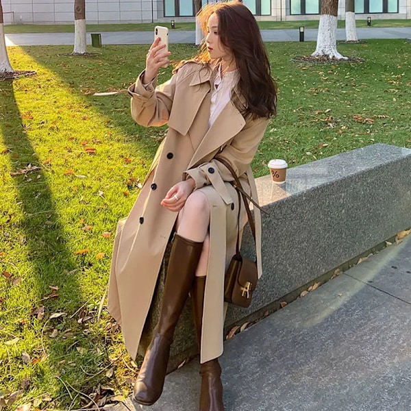 2023 Efterår Kvinde Lang Trench Coat Mode Koreansk Gade Loose Frakke Casual Elegant Khaki Sort Kvinde Vindjakke Ny Frakke DD03169 XL