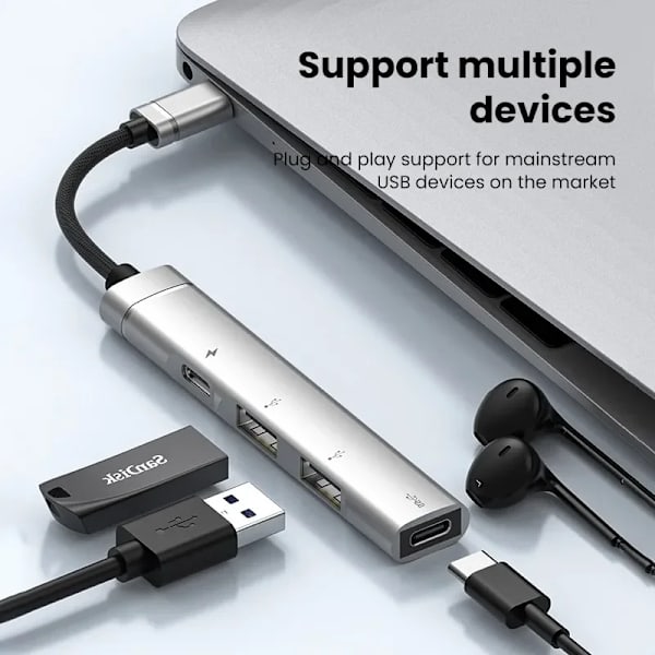 OTG S6 multi-splitteradapter för PC, 4-i-1 typ C HUB, USB 2.0, 4 portar, HUAWEI, Xiaomi, Macbook, iPad, 15W laddning Grå
