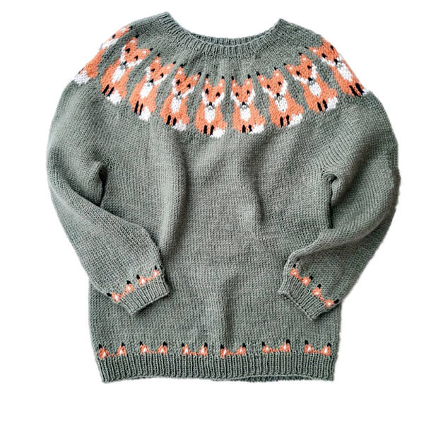 Damtröja i löst stick - Rund hals, färgblock, modetröja, rävar  2XL foxes 2XL