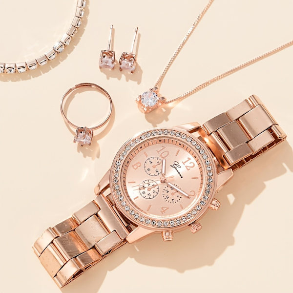 6st/sæt Rose Golden Elektronisk Quartz Ur Armbånd Øreringe Halskæde Legering Strass Smykker Rose Gold3
