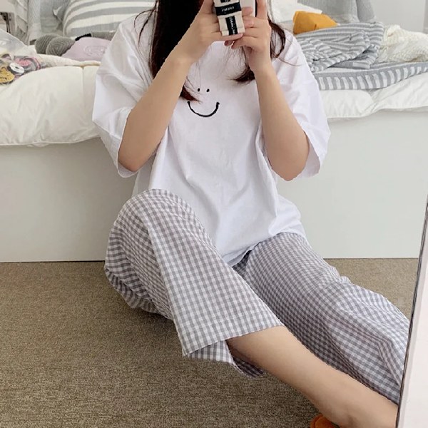 Kvinnors 2-delad pyjamas Homewear vår och höst pyjamas sommar pyjamas kvinnors kortärmade byxor set för hemmakläder vit 40-70kg