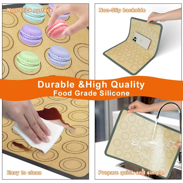 Silikon Makron Bagemåtter, 42 x 29,5 cm, 2 stk Tykke Silikon Bagemåtter, Skridsikker, Vaskbar, Genanvendelig Bageplade til Makroner/Kager/Brødbagning 42*29,5CM-Macaron
