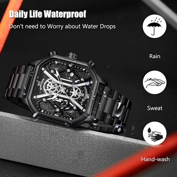 Kvartsarmbandsur för män affärsarmbandsur i rostfritt stål lysande analogt armbandsur multifunktionell kronograf klocka mode fyrkantig klocka Svart C Black C