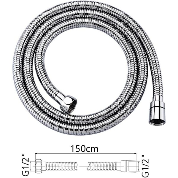 Universal duschslange (G1/2 tomme, 1,5 m), anti-kink og anti-vrid duschslange, rustfritt stål/krom, sølv