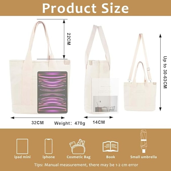 Håndveske i canvas, tote bag dame skulderveske dame, canvas tote bag skulderveske shopper med glidelås for hverdagsbruk, skole, shopping, arbeid, reise grön