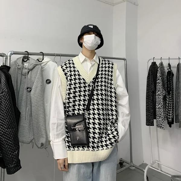 Mäns Stickad Väst Vår Höst Stil Sensibility Niche American Vintage Tröja Tröja Ärmlös Väst Casual Scen Tillämplig svart L