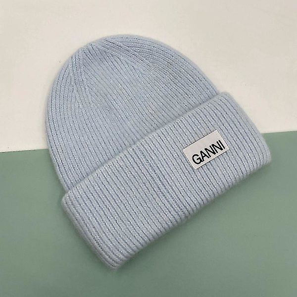 Strikket herre- og damelue Ganni Vinter Varm lue Mansjettstrikket stretch lue Ha Light blue
