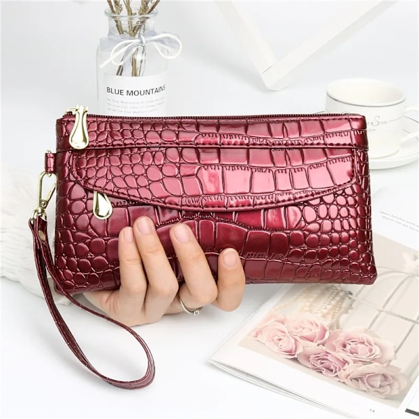 Alligator Läder Damplånböcker Lång Tygväska Dam Plånbok med dubbla dragkedjor Dam Clutchväska Design Handväska Krokodilplånböcker Wine Red   1