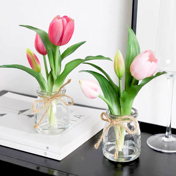 2 Pakk Pink Tulipaner i Glasvase med Kunstig Vand, Ægte Touch Blomster til Hjemmedekor Dark Pink+light Pink