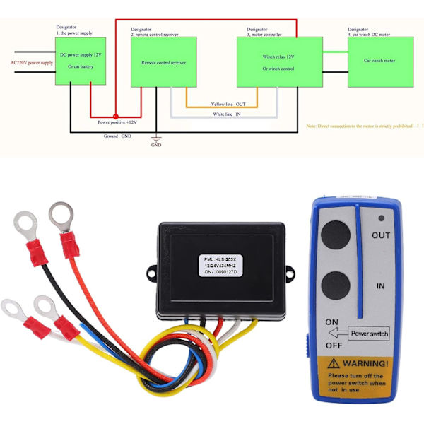 Trådløs vinsj fjernkontrollsett, Universal vinsj trådløs fjernkontrollbrytersett med mottaker 12V 24V for lastebil ATV SUV (Blå) Blå