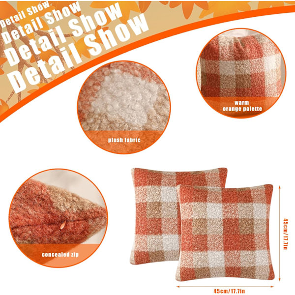Recitem Set med 2 Orange Rutiga Höst Kuddfodral 45x45cm, Mysig Höstdekoration för Soffa eller Säng