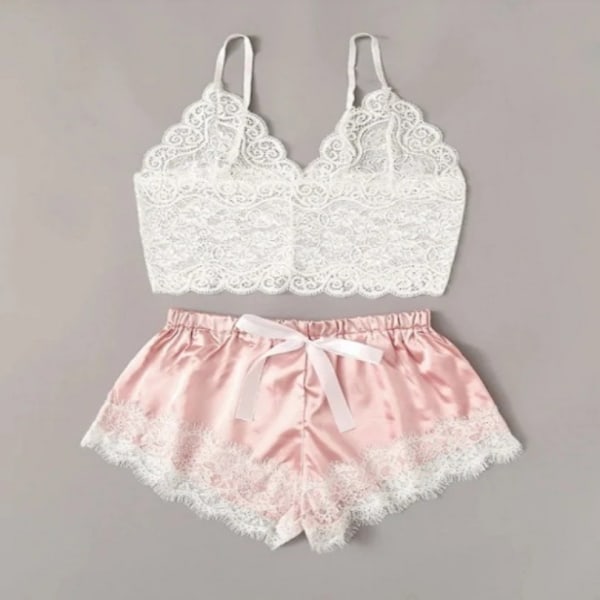 Sexiga pyjamas för kvinnor 2 delar topp shorts set sovkläder kläder spets pyjamas underkläder underkläder underkläder rosa vit S