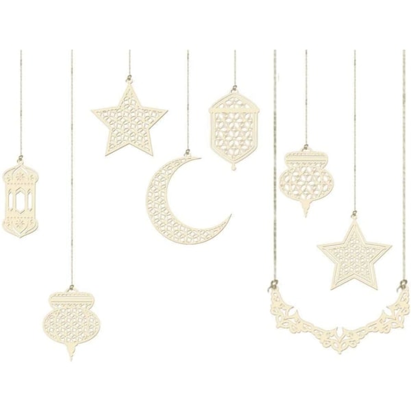 Trehengende pynt, hengende eid mubarak, tredekorasjoner for eid mubarak hjemmefestdekor, utlånt treheng 8st-Abcdefhi