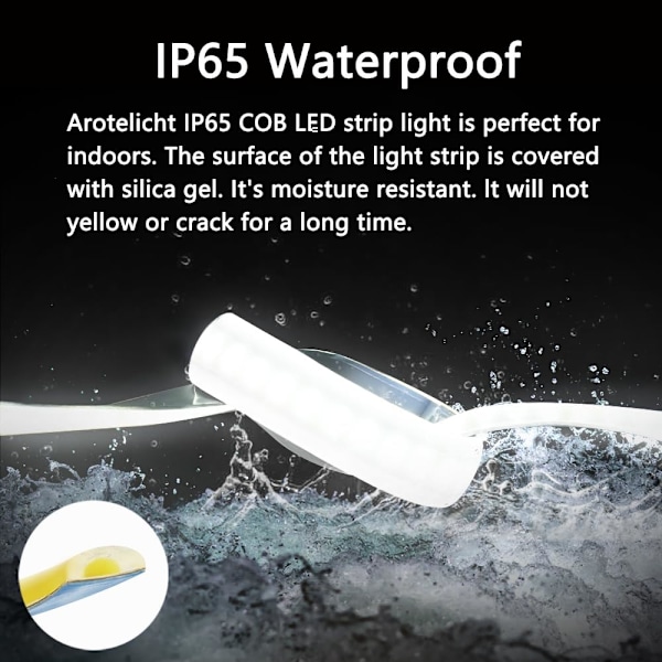 Arote 24V COB LED-nauha - 2m Vedenkestävä Viileä Valkoinen 6000K, IP65 Himmennettävä, 320 LEDiä/m Korkea Kirkkaus Koti Sisustukseen (Virtalähde Ei Sisälly) Cold white m