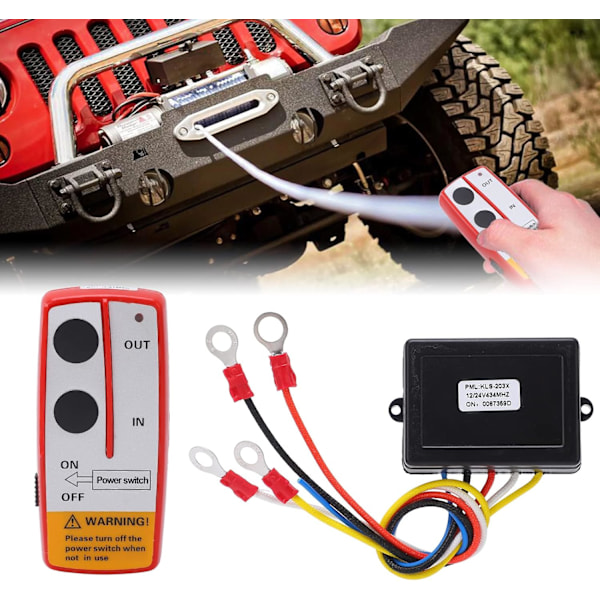 Trådløs vinsj fjernkontrollsett, Universal vinsj trådløs fjernkontrollbrytersett med mottaker 12V 24V for lastebil ATV SUV (Rød) Röd