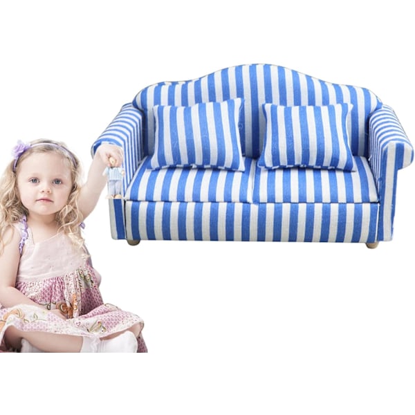 Nukkekotisohva tyynyllä - 1:12 mittakaavan miniatyyri punainen ja valkoinen raidallinen huonekalu lapsille Blue double sofa