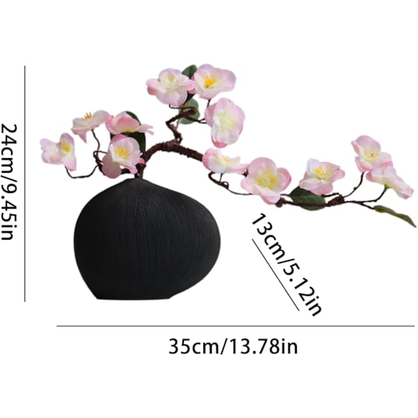Keramisk blomkruka – geometrisk formarrangemang, vit dekorativ kruka för mantel, bokhylla Svart vas + rosa körsbärsblommor