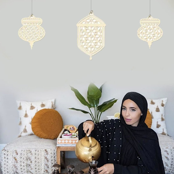 Trehengende pynt, hengende eid mubarak, tredekorasjoner for eid mubarak hjemmefestdekor, utlånt treheng 8st-Abcdefhi