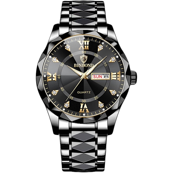 Elegant Herre Quartz Armbåndsur Klassisk Rustfrit Stål Herreur Diamant Vandafvisende Ur Multifunktionelt Forretningsur til Mænd Sort Guld B Black gold B