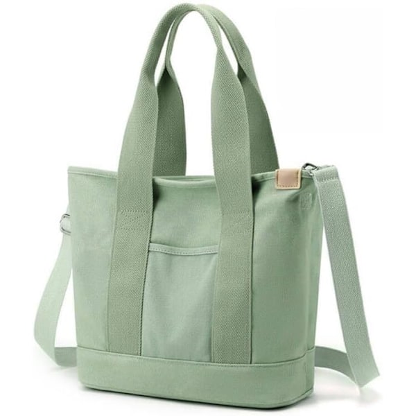 Håndveske i canvas, tote bag dame skulderveske dame, canvas tote bag skulderveske shopper med glidelås for hverdagsbruk, skole, shopping, arbeid, reise grön