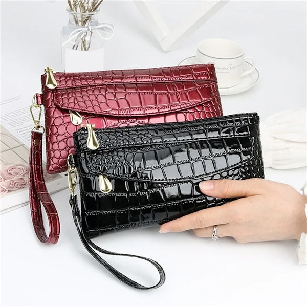 Alligator Läder Damplånböcker Lång Tygväska Dam Plånbok med dubbla dragkedjor Dam Clutchväska Design Handväska Krokodilplånböcker Wine Red   1