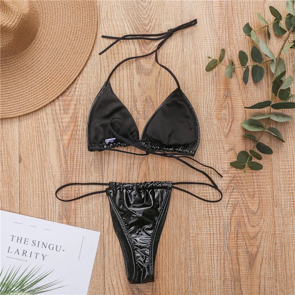 Över gränsen Uusi vaalea nahka kangas Yksivärinen kolmion muotoinen kuppi Seksikäs solmittava G-stringi Bikini Kuuma myyvä uimapuku musta L