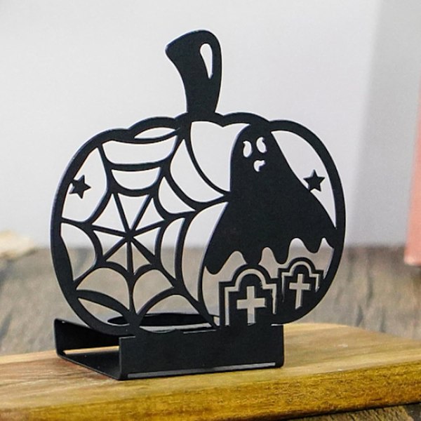 Gresskar Lysestake – Halloween Te-lys Holder med Ugle og Spindelvev Design D