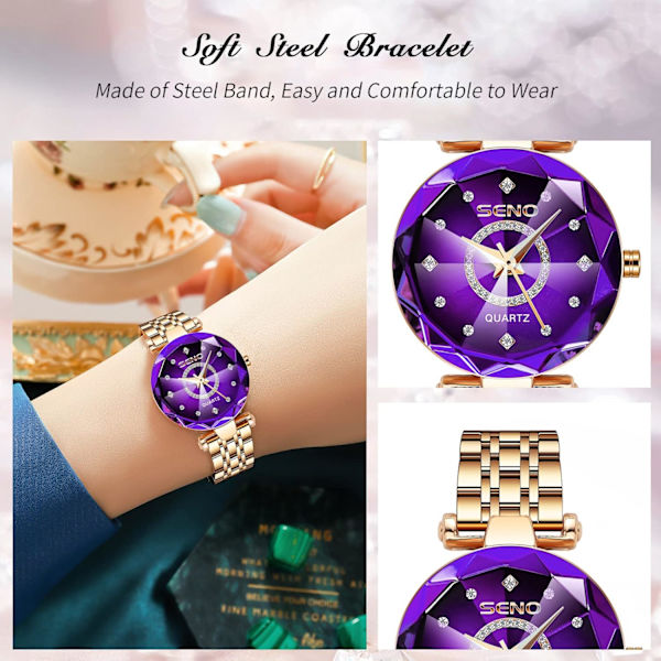 Dameur Analog Kvartsur med Rustfrit Stålrem Vandafvisende Dameure Mode Rhinestone Armbåndsur til Damer Piger Lilla Purple