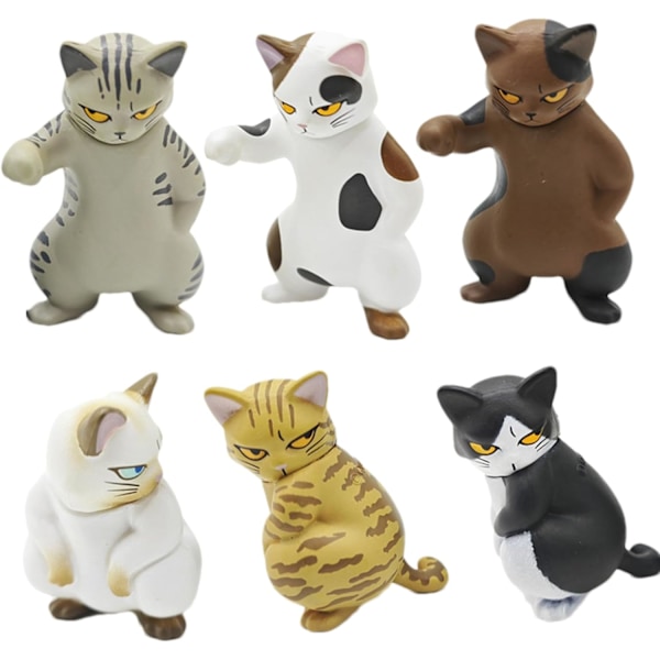 Mini katteskulptursæt | 6 sjove kattefigurer | fræk skulpturdekoration | til bogreoler, skriveborde, bilindretning | yndige dyrefigurer 2 set